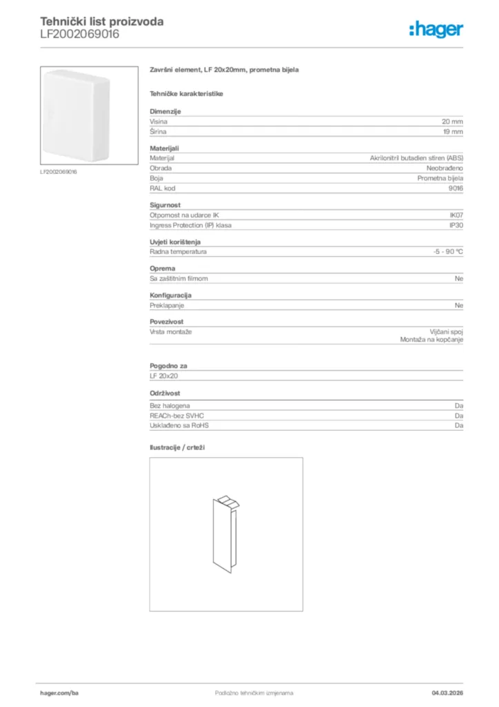 Slika Hager Tehnički list proizvoda LF2002069016  | Hager
