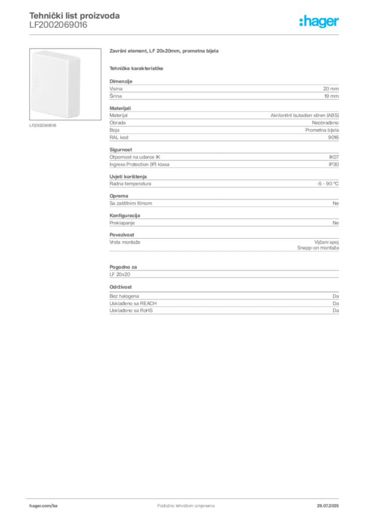 Slika Hager Product data sheet LF2002069016  | Hager