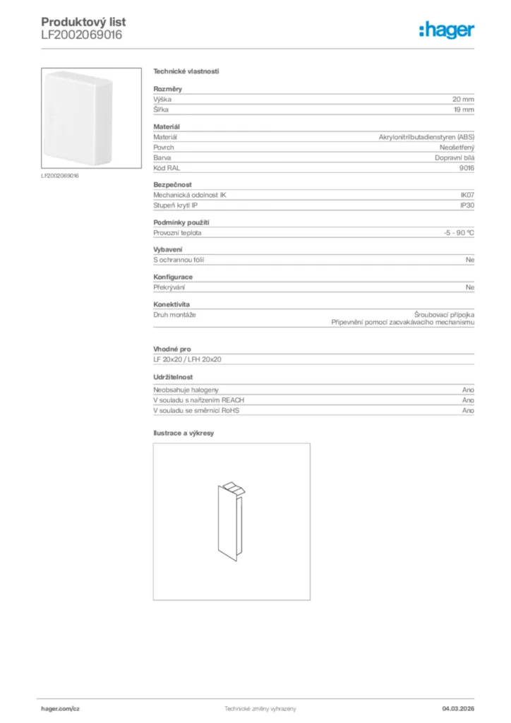 Obrázek Hager Product data sheet LF2002069016 | Hager