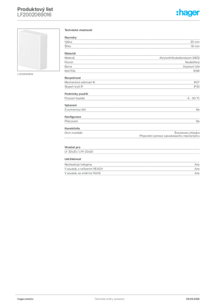 Obrázek Hager Produktový list LF2002069016 | Hager