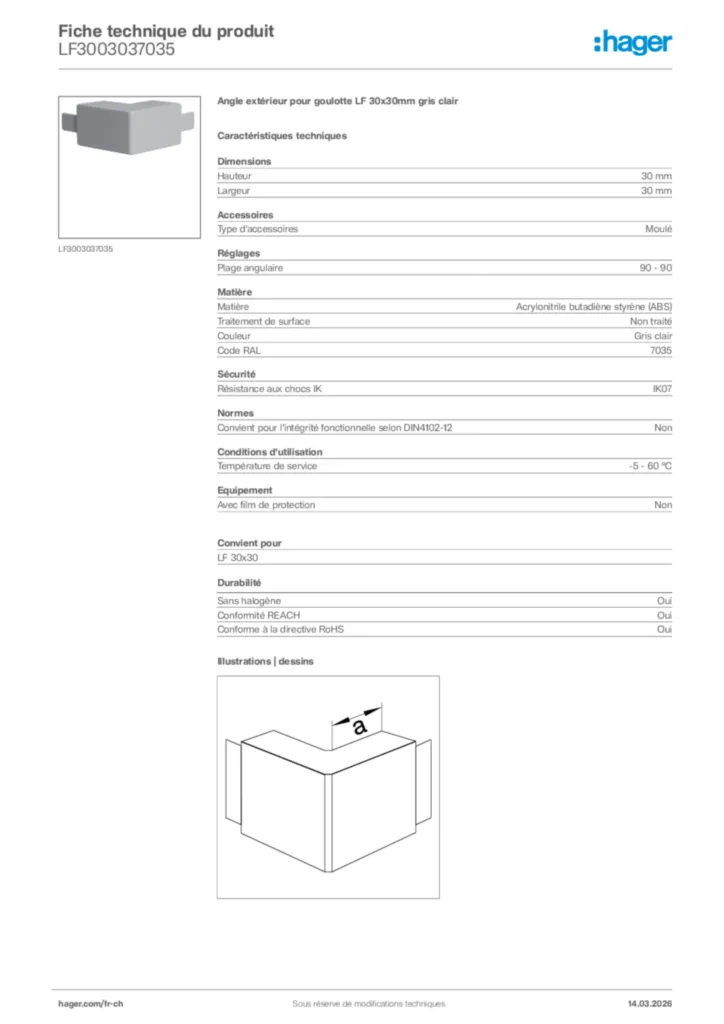 Image Hager Fiche technique du produit LF3003037035 | Hager Suisse