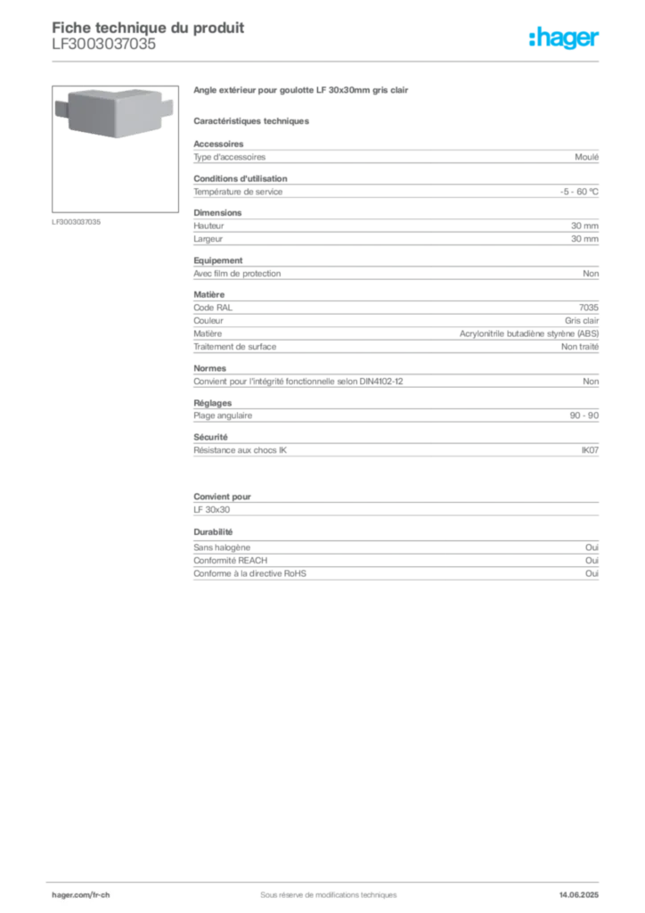 Image Hager Fiche technique du produit LF3003037035 | Hager Suisse