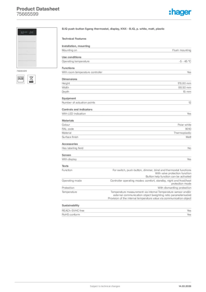 Image Hager Product data sheet 75665599  | Hager Africa