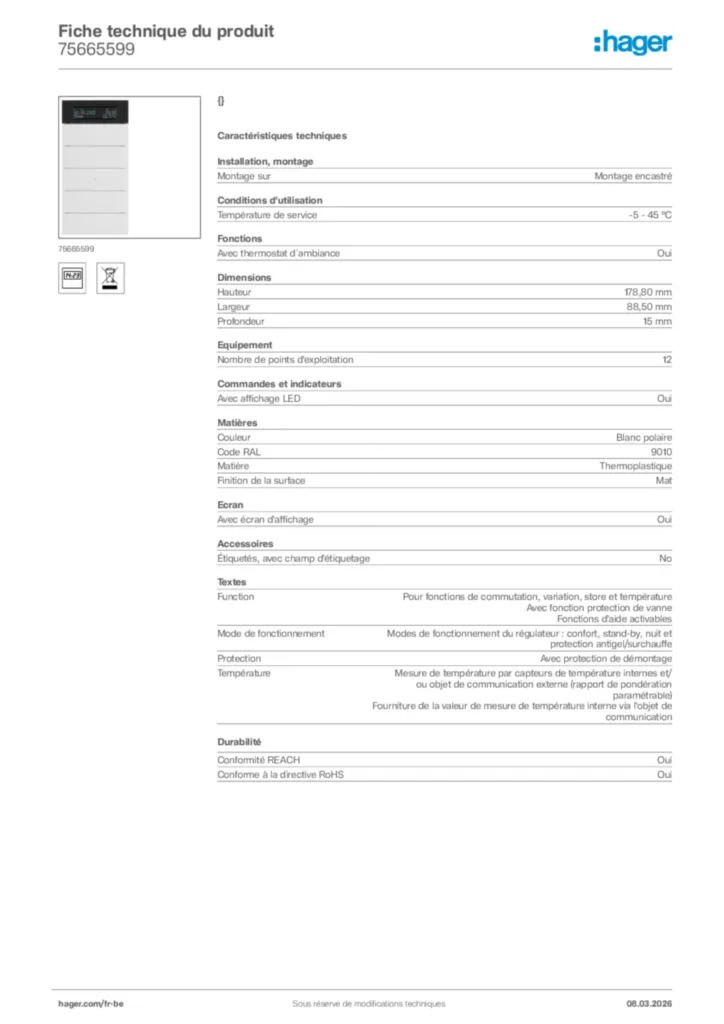 Image Hager Fiche technique du produit 75665599 | Hager Belgique