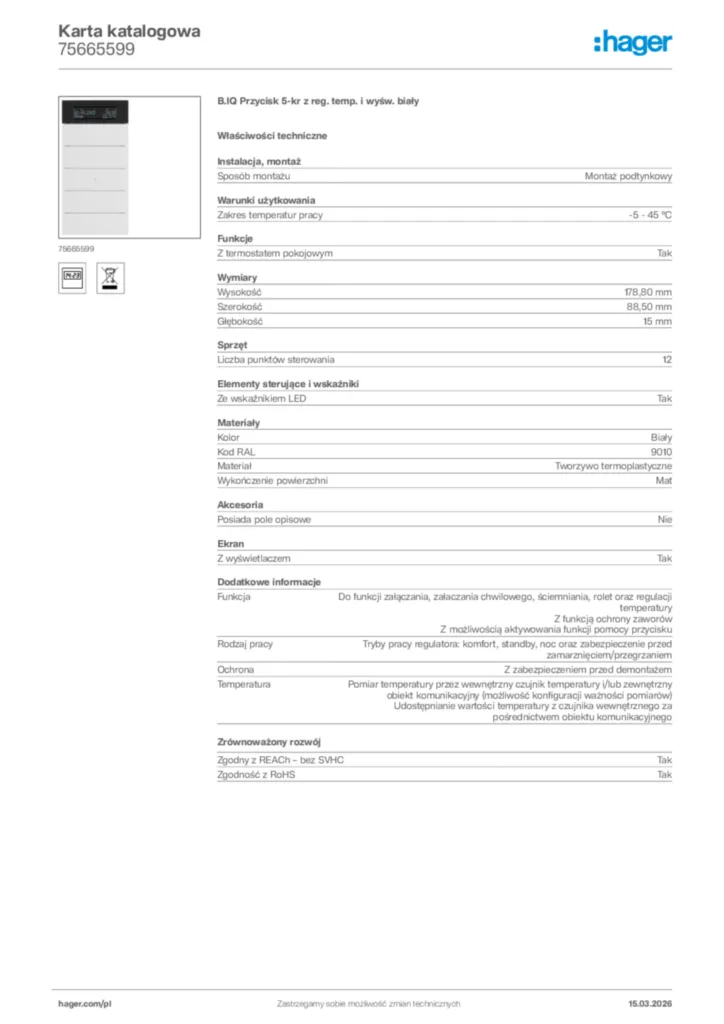 Zdjęcie Hager Karta katalogowa 75665599 | Hager Polska