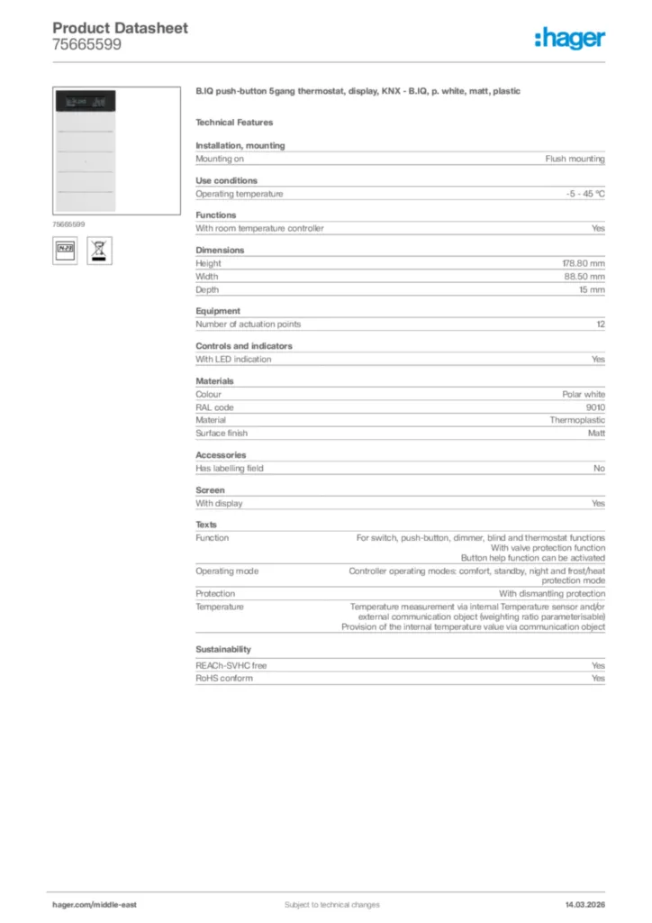 Image Hager Product data sheet 75665599  | Hager