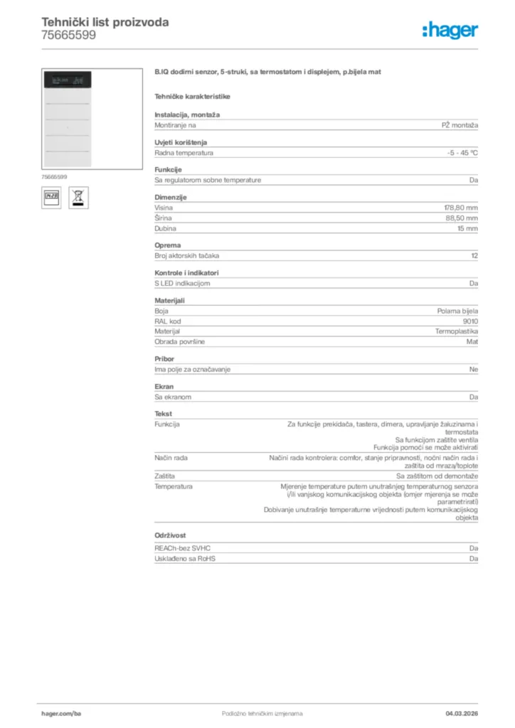 Slika Hager Tehnički list proizvoda 75665599  | Hager