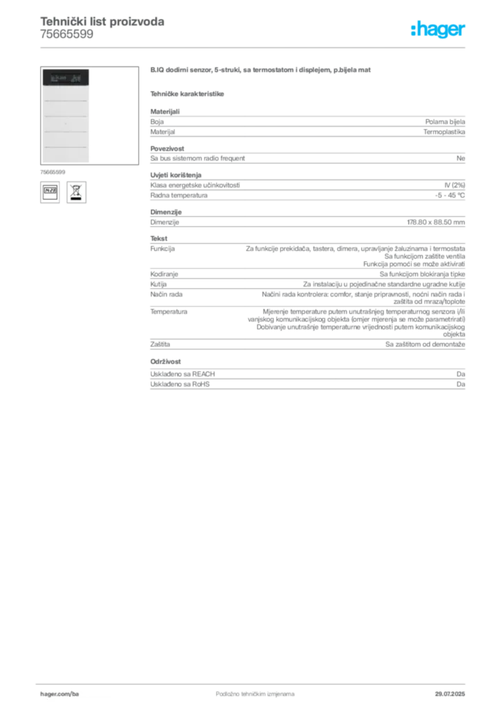 Slika Hager Product data sheet 75665599  | Hager