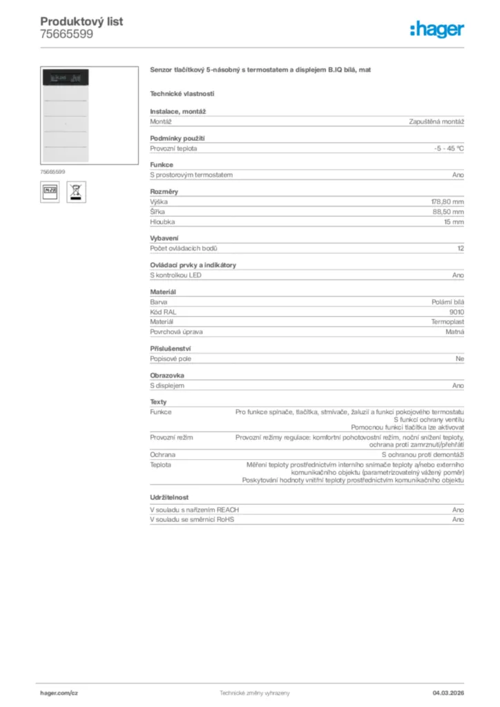 Obrázek Hager Product data sheet 75665599 | Hager