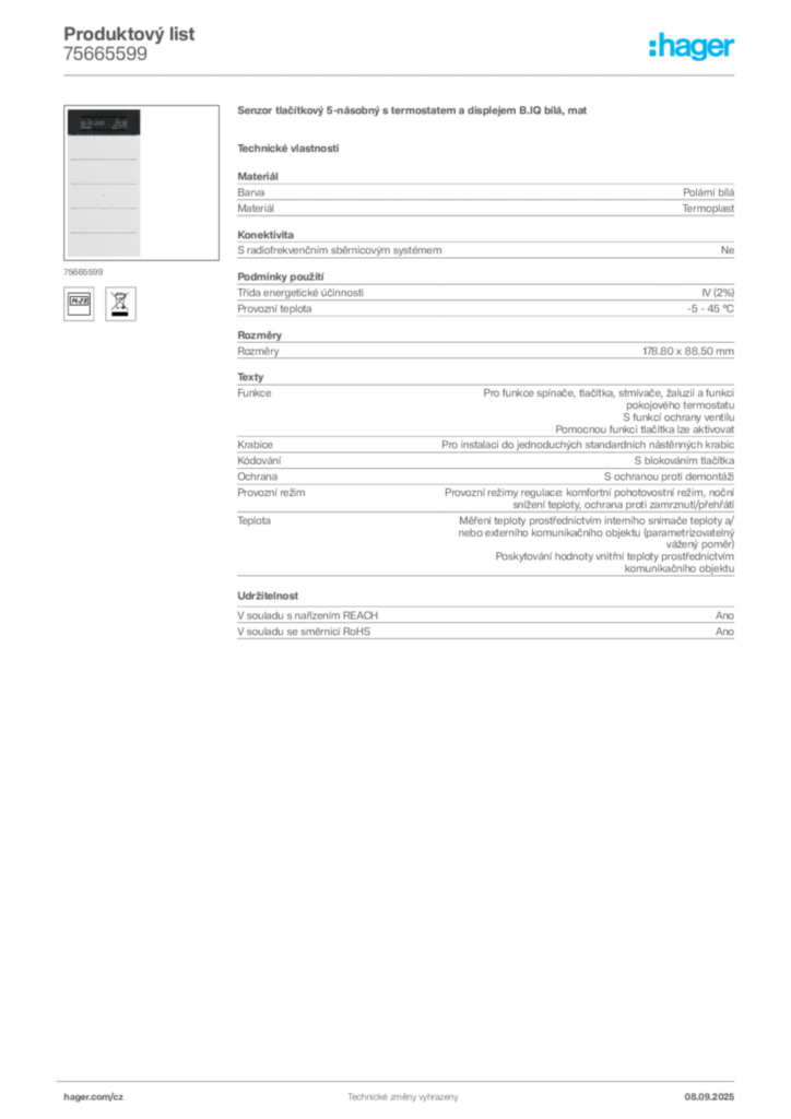 Obrázek Hager Produktový list 75665599 | Hager
