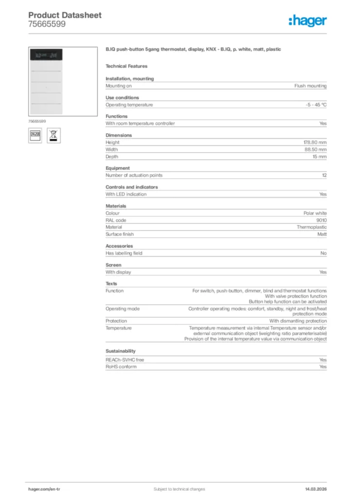 Image Hager Product data sheet 75665599  | Hager