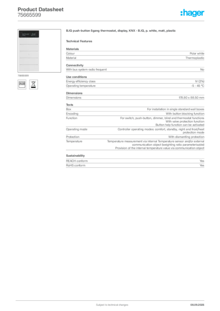 Image Hager Product data sheet 75665599  | Hager