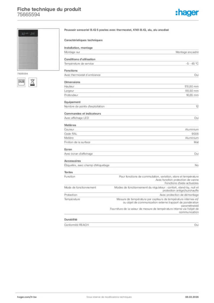 Image Hager Fiche technique du produit 75665594 | Hager Belgique