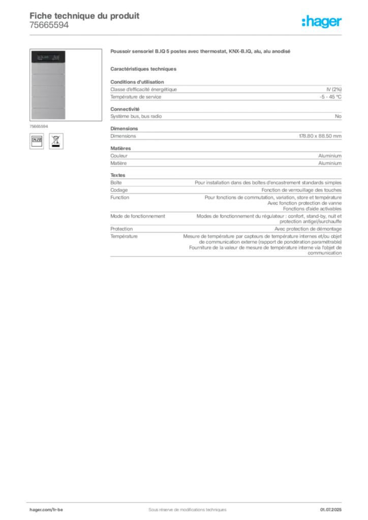 Image Hager Fiche technique du produit 75665594 | Hager Belgique