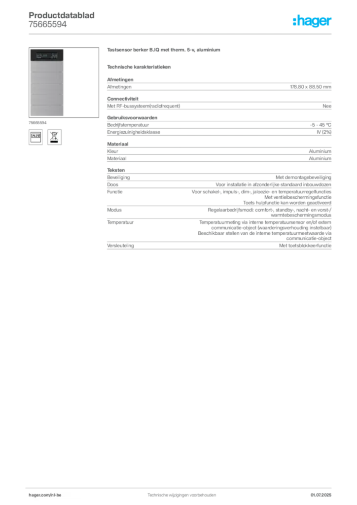 Afbeelding Hager Productdatablad 75665594 | Hager Belgium