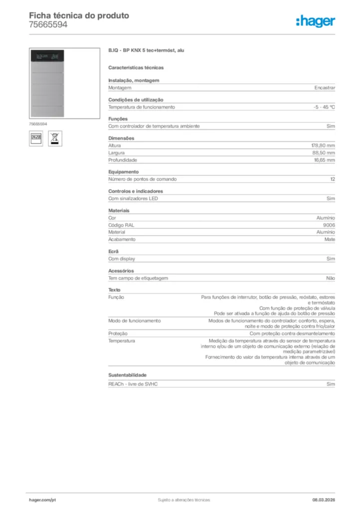 Imagem Hager Ficha técnica do produto 75665594 | Hager Portugal