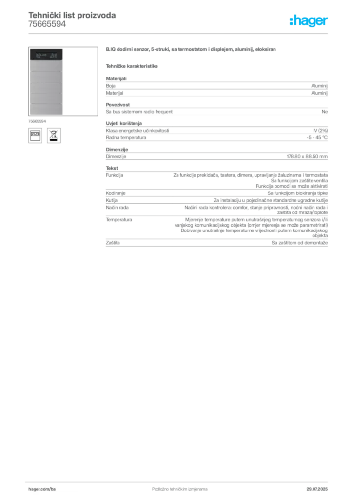 Slika Hager Product data sheet 75665594  | Hager