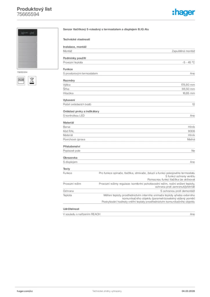 Obrázek Hager Product data sheet 75665594 | Hager