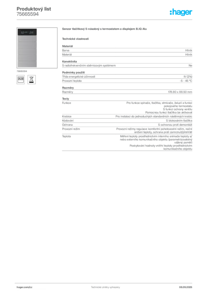 Obrázek Hager Produktový list 75665594 | Hager