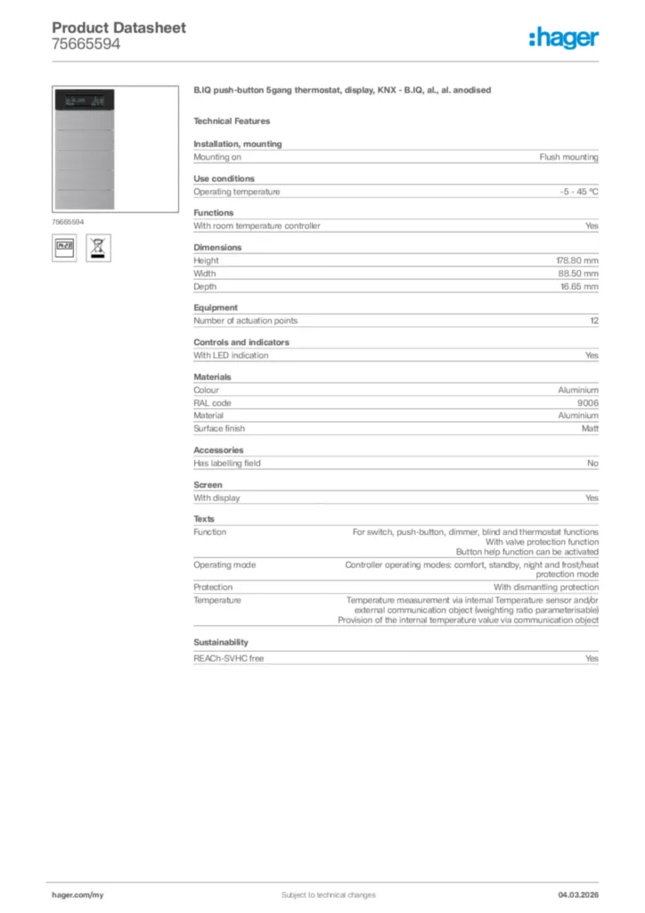 Image Hager Product data sheet 75665594  | Hager