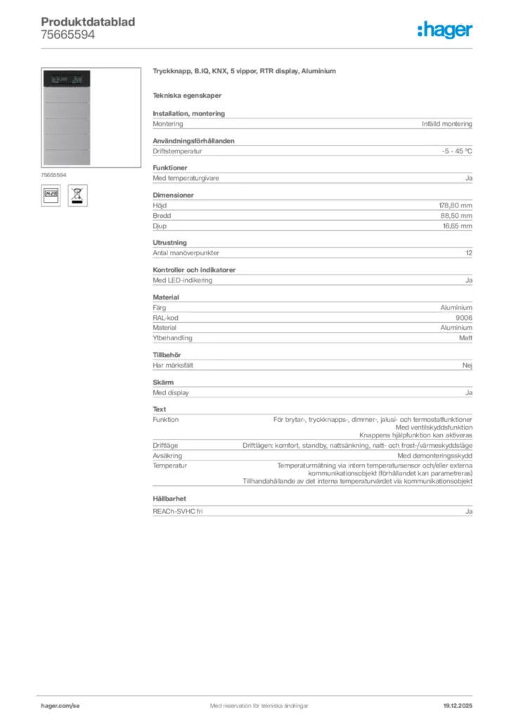 Bild Hager Produktdatablad 75665594 | Hager Sverige