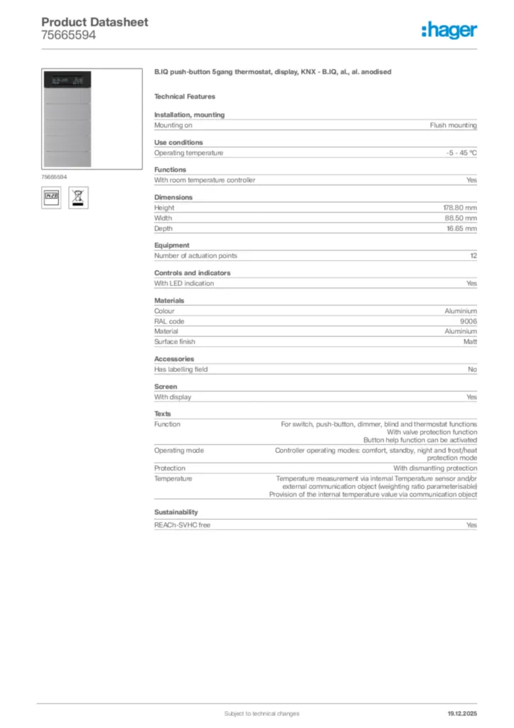 Image Hager Product data sheet 75665594  | Hager