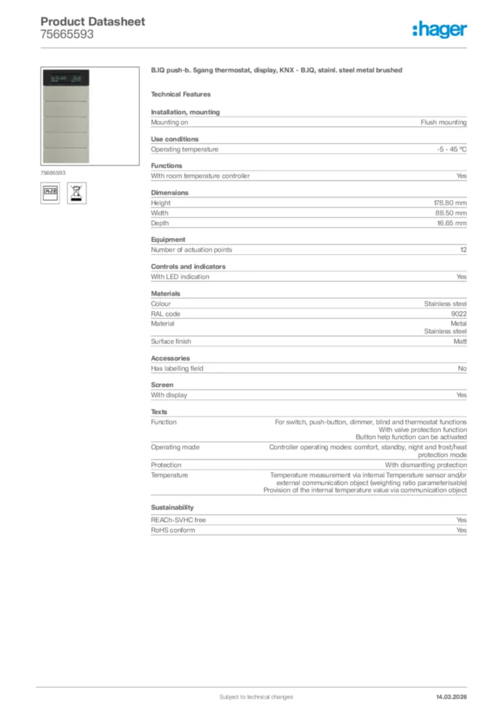 Image Hager Product data sheet 75665593  | Hager Africa
