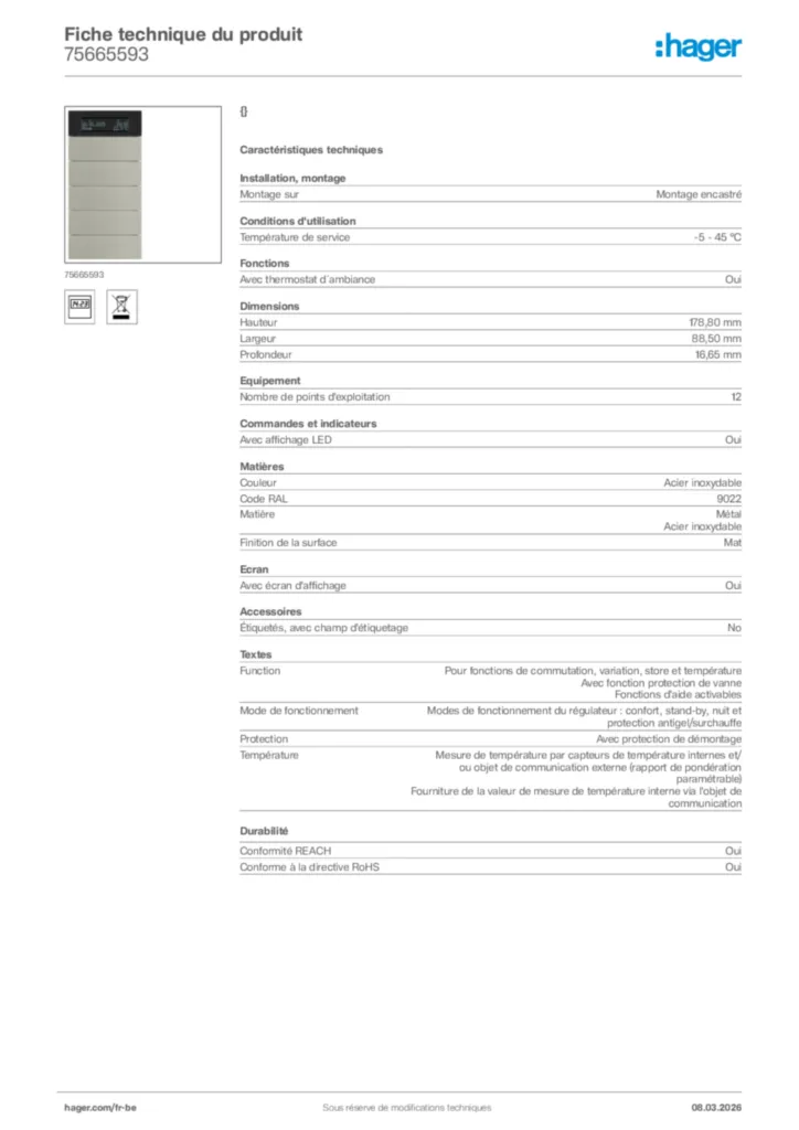 Image Hager Fiche technique du produit 75665593 | Hager Belgique