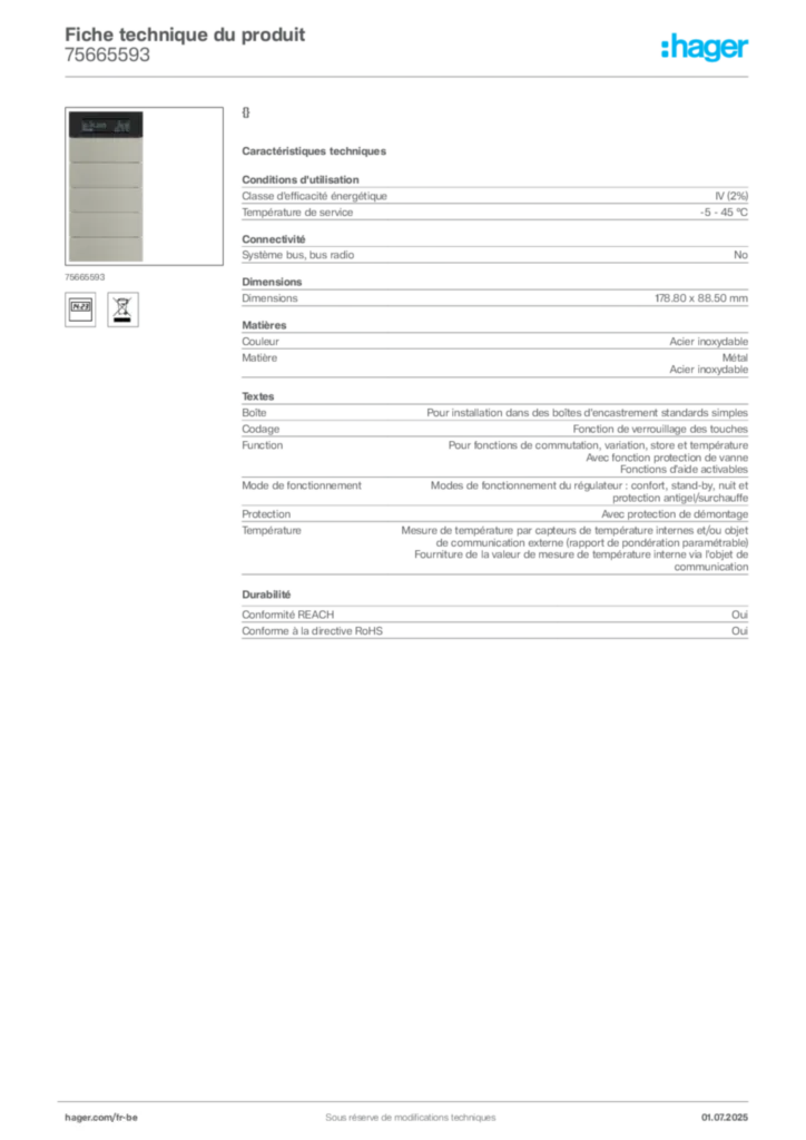Image Hager Fiche technique du produit 75665593 | Hager Belgique