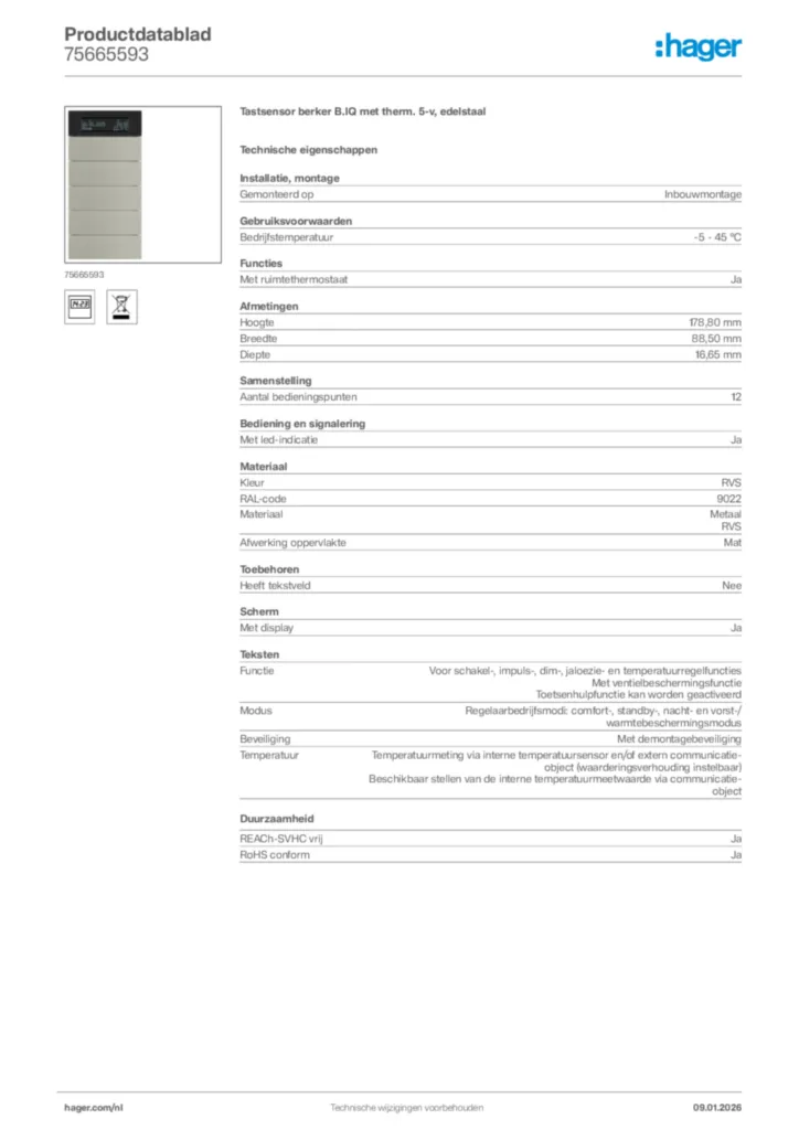 Afbeelding Hager Productdatablad 75665593 | Hager Nederland