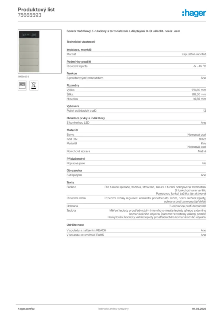 Obrázek Hager Product data sheet 75665593 | Hager