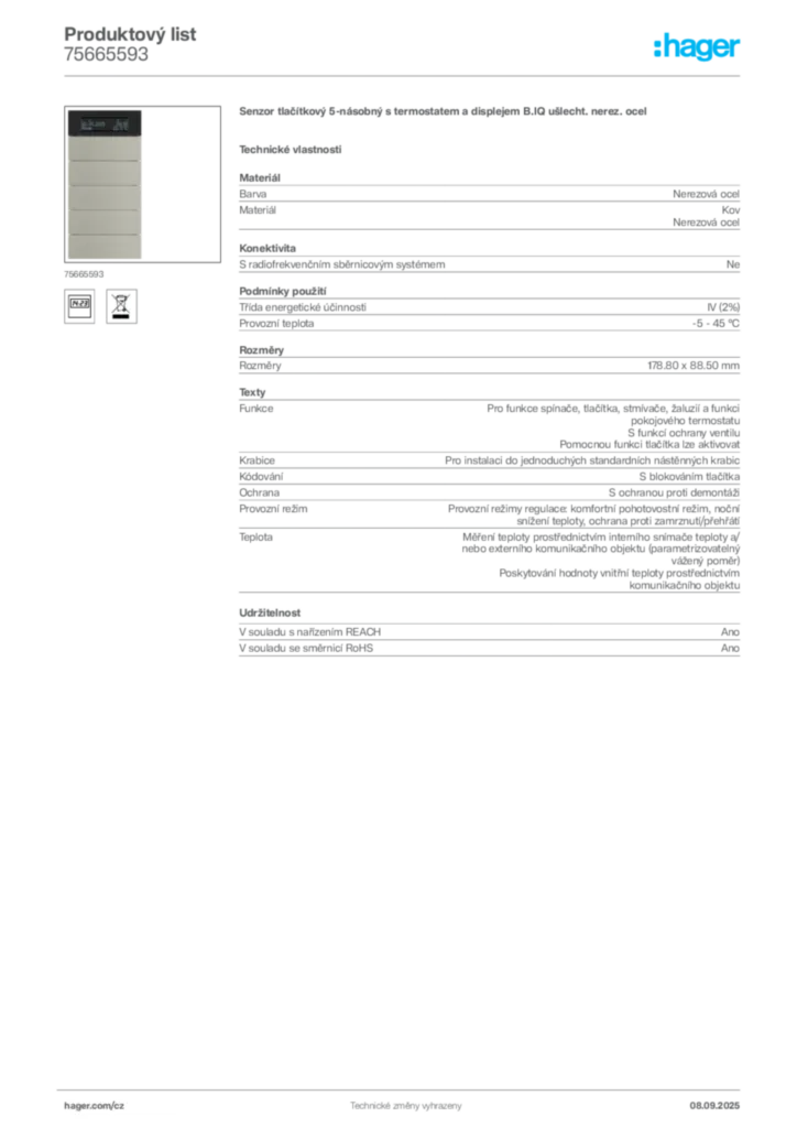 Obrázek Hager Produktový list 75665593 | Hager