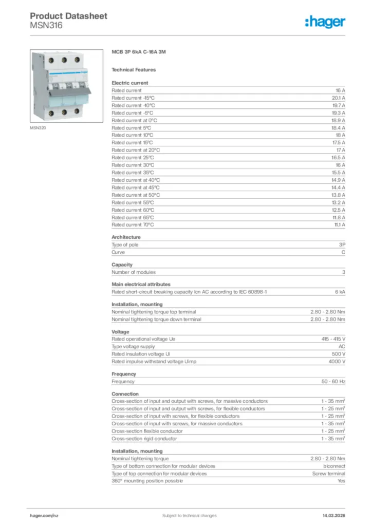Image Hager Product data sheet MSN316  | Hager New Zealand