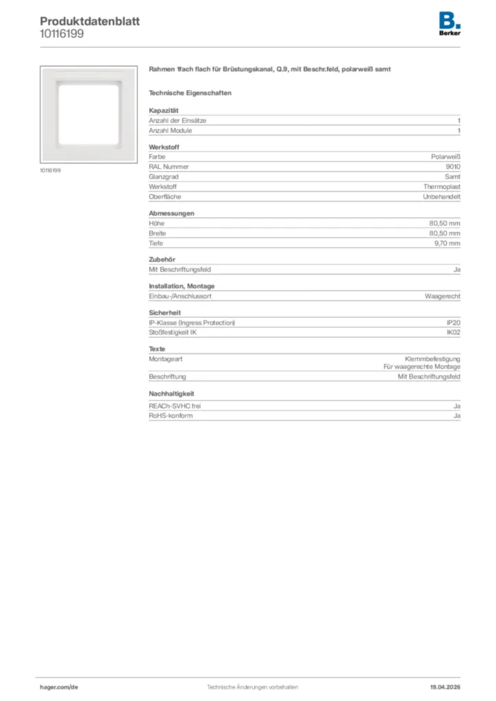 Bild Berker Produktdatenblatt 10116199 | Hager Deutschland