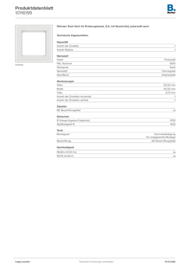 Bild Berker Produktdatenblatt 10116199 | Hager Deutschland