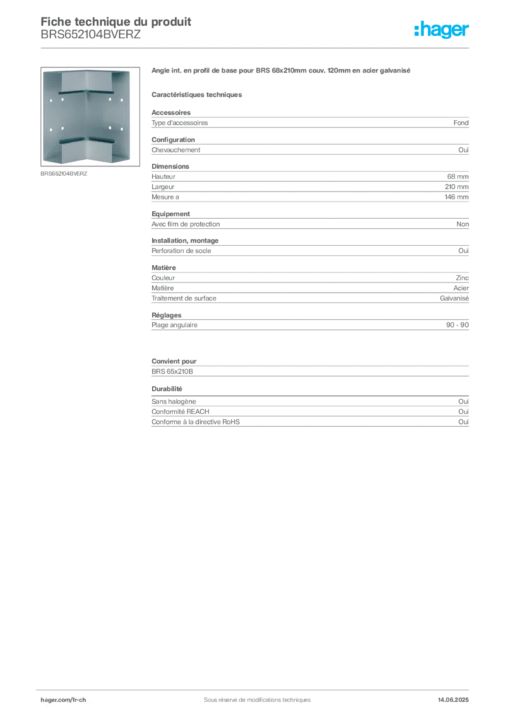 Image Hager Fiche technique du produit BRS652104BVERZ | Hager Suisse