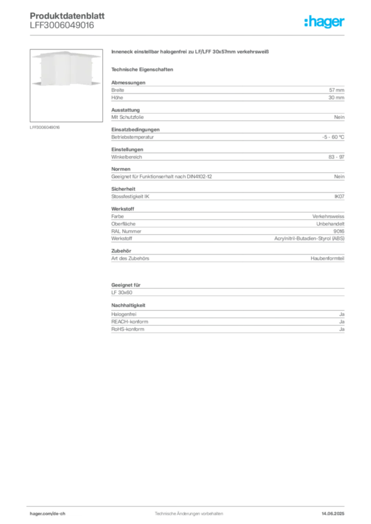 Bild Hager Produktdatenblatt LFF3006049016 | Hager Schweiz