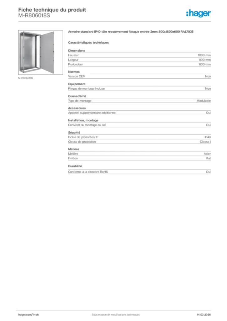 Image Hager Fiche technique du produit M-R806018S | Hager Suisse