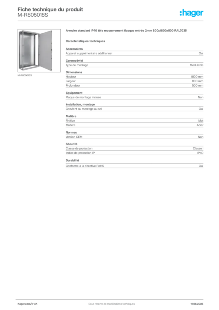Image Hager Fiche technique du produit M-R805018S | Hager Suisse