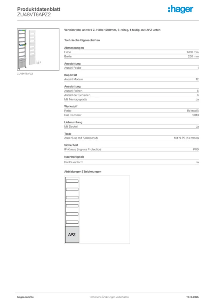 Bild Hager Produktdatenblatt ZU48VT6APZ2 | Hager Deutschland