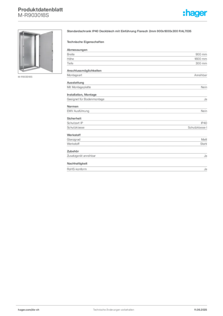 Bild Hager Produktdatenblatt M-R903018S | Hager Schweiz