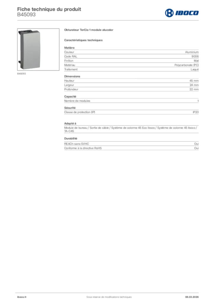 Image Iboco Fiche technique du produit B45093 | Hager France