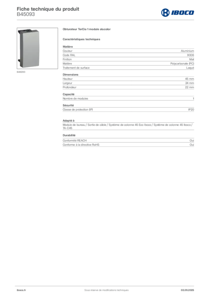 Image Iboco Fiche technique du produit B45093 | Hager France