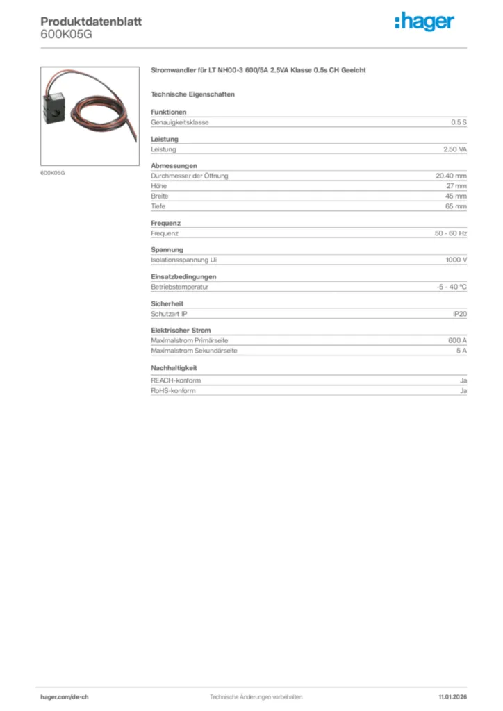 Bild Hager Produktdatenblatt 600K05G | Hager Schweiz