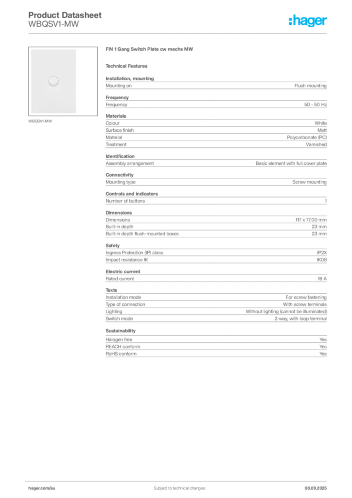 Image Hager Product data sheet WBQSV1-MW  | Hager Australia