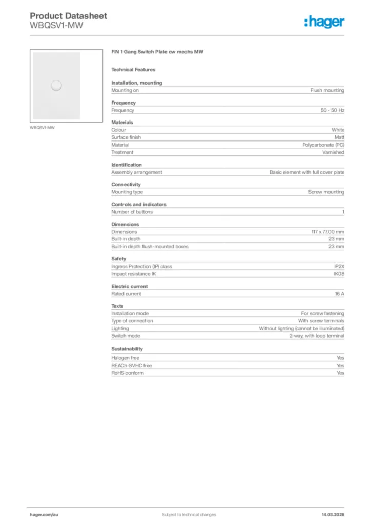 Image Hager Product data sheet WBQSV1-MW  | Hager Australia