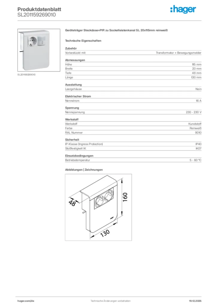 Bild Hager Produktdatenblatt SL201159269010 | Hager Deutschland