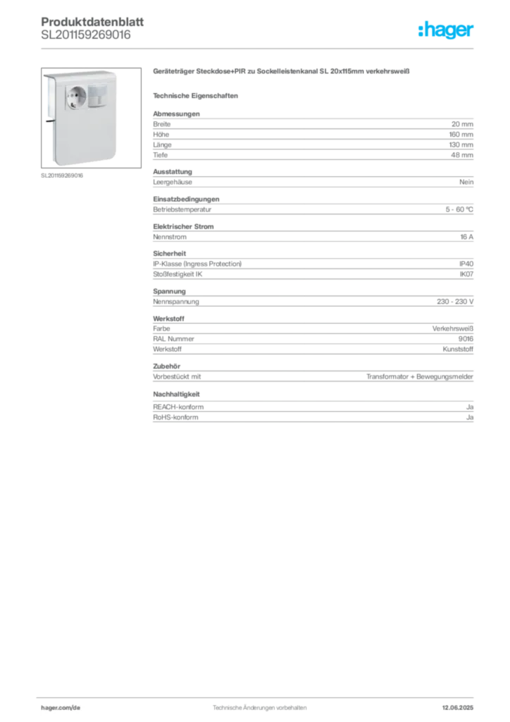 Bild Hager Produktdatenblatt SL201159269016 | Hager Deutschland