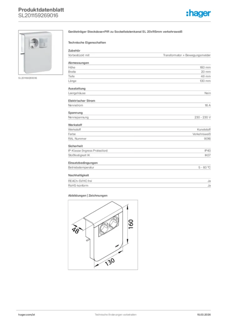 Bild Hager Produktdatenblatt SL201159269016 | Hager Deutschland
