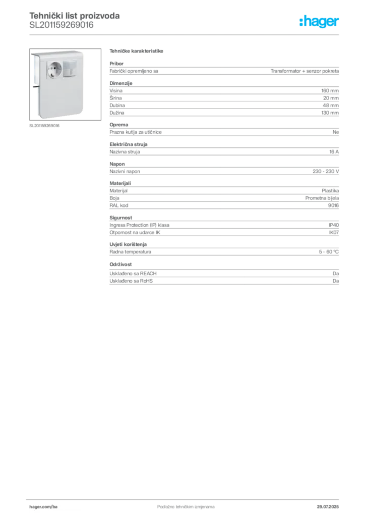 Slika Hager Product data sheet SL201159269016  | Hager